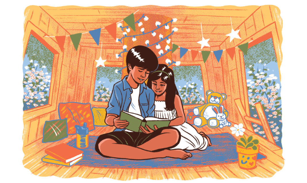 Siblings reading a book together improving their mental health