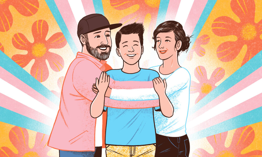 Illustration of two smiling parents supporting their transgender child, wrapped in the transgender pride flag, with a colorful background symbolizing love and gender identity affirmation in metro Detroit.