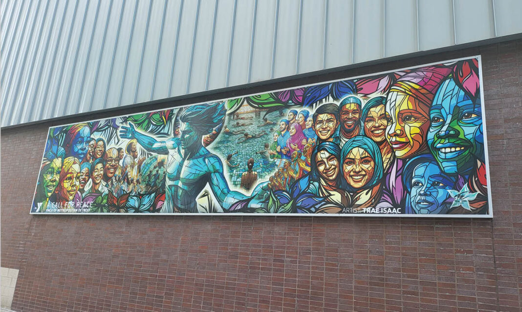 A Call for Peace By Trae Isaac, displayed on Boll Family YMCA on Grand River, Detroit