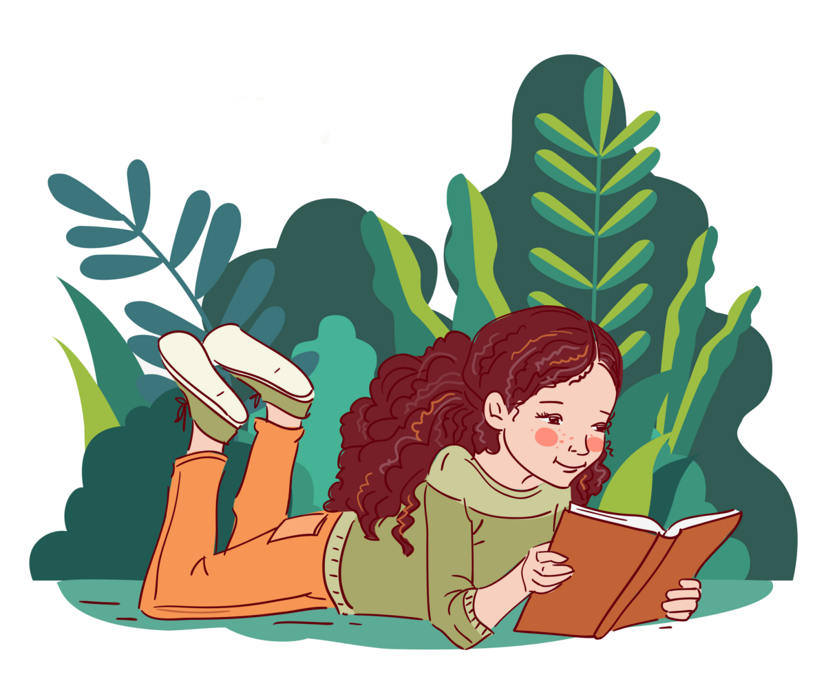 an illustration of a teenager girl reading a book in front of foliage with green plants in the background