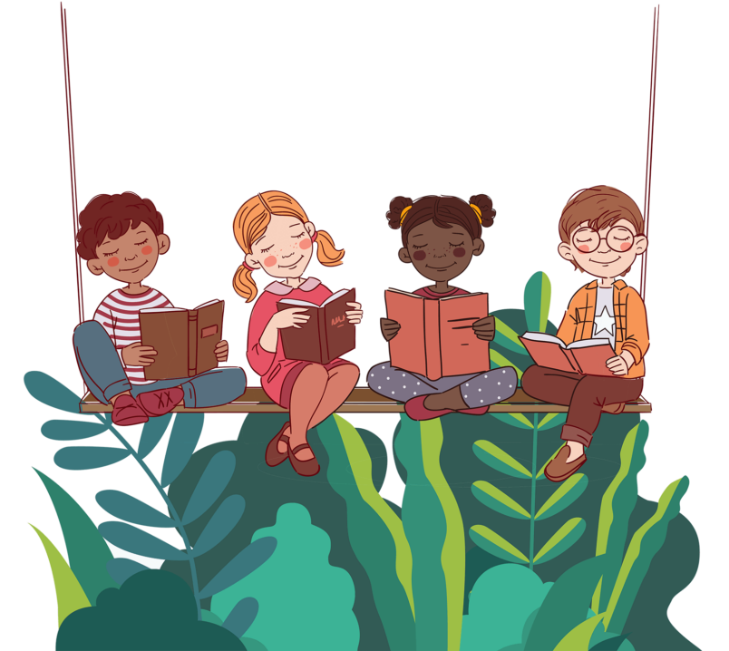 a cartoon drawing of four children sitting on a swing, reading books together, surrounded by large green leaves in the background.