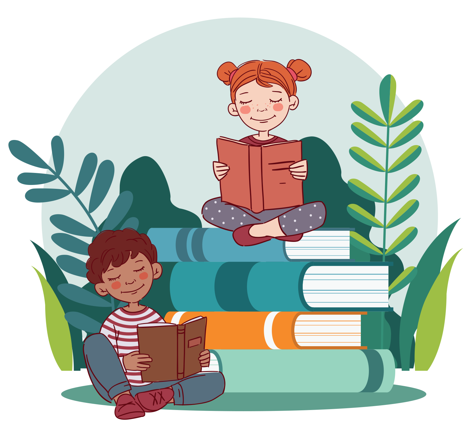 a cartoon drawing of two children sitting on big books, reading together, surrounded by large green leaves in the background.