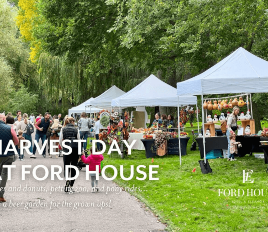 people walking and selling in stalls during harvest day at ford house