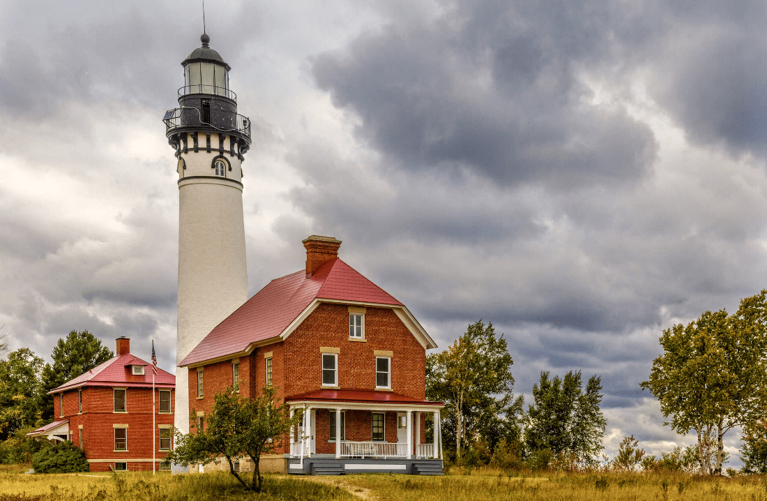 Au Sable Lighthouse, Storm Clouds red brick