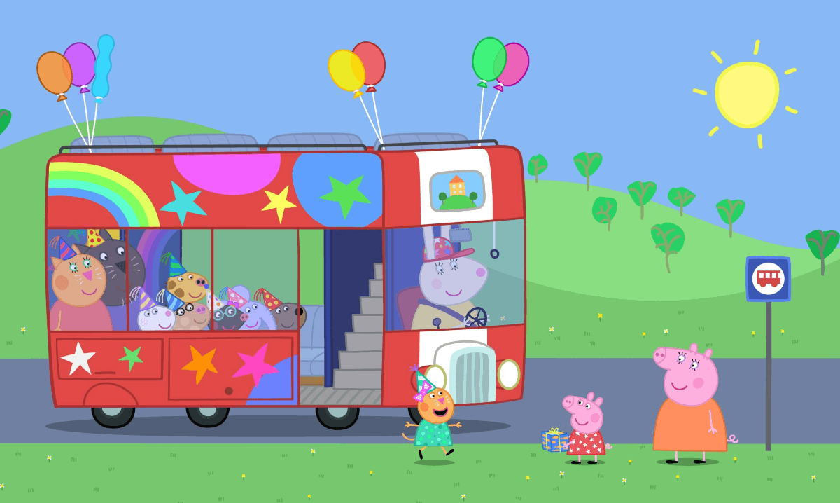 Peppa Pig characters boarding a colorful party bus with balloons and gifts, enjoying a sunny day.