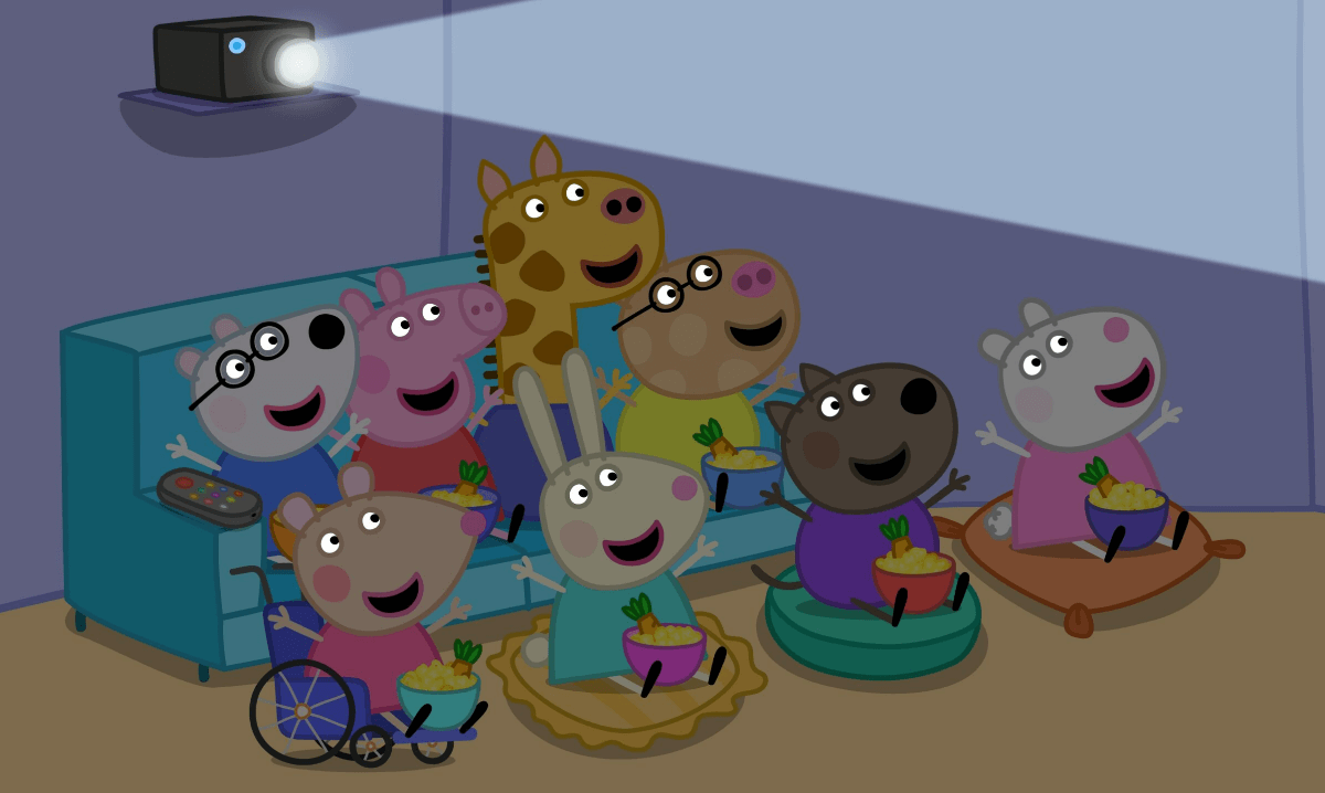 Peppa Pig characters watching a movie together with snacks, enjoying a cozy indoor setting.