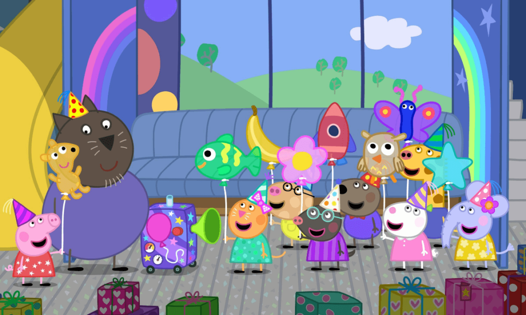 Peppa Pig characters enjoying a birthday party with colorful decorations, balloons, and gifts.