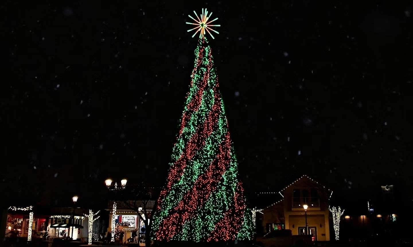 A towering Christmas tree glows with red and green lights during a festive nighttime light show in Frankenmuth Michigan’s iconic Christmas town.