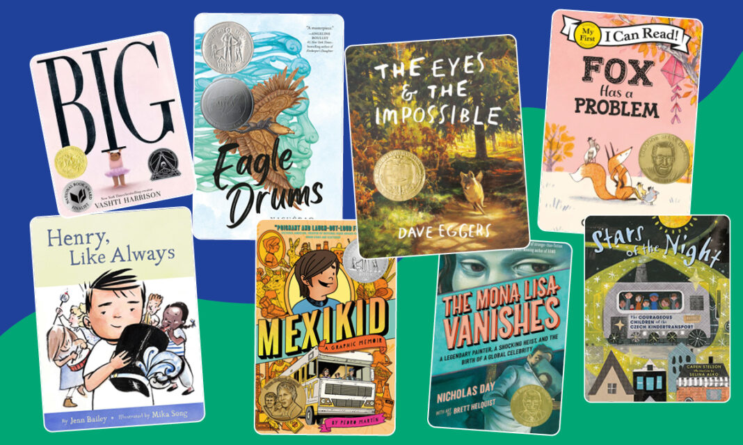 Covers of popular children's books, including award-winning titles like 