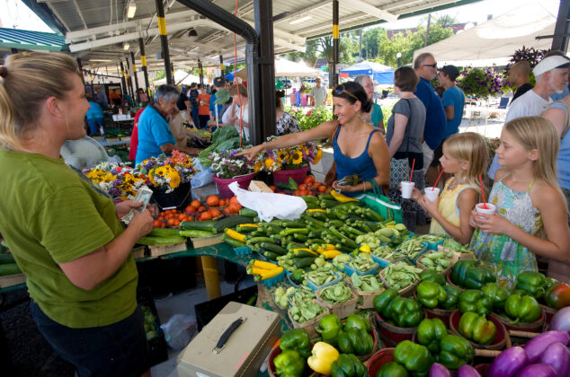 A bustling farmers market in Ann Arbor, where families shop for fresh produce, flowers, and local goods in a vibrant outdoor setting.
