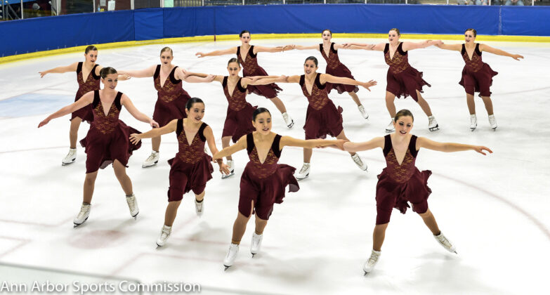 A synchronized ice skating team performing in Ann Arbor, showcasing a family-friendly sporting event filled with talent and grace.