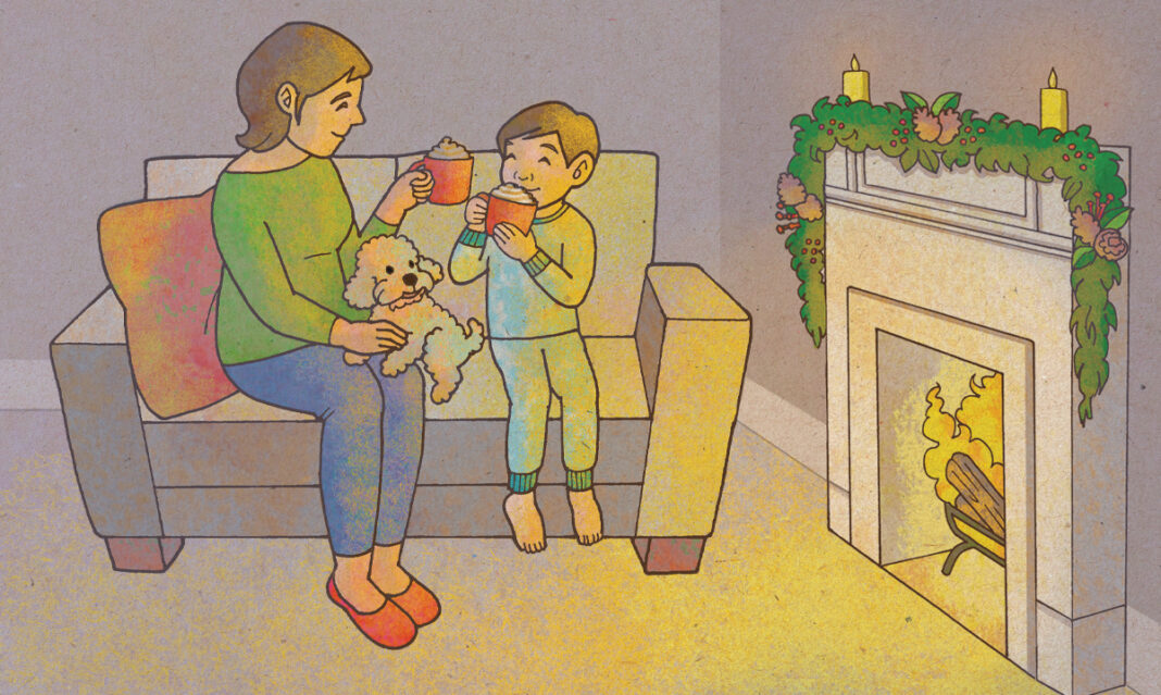 Illustration of a parent and child sitting on a couch with a dog, drinking hot cocoa by a decorated fireplace, symbolizing the importance of setting boundaries for quality family time.