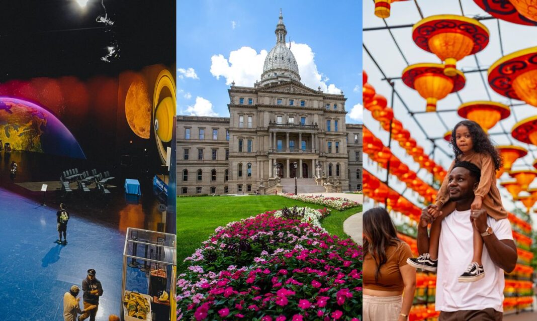 A collage of three Michigan destinations for spring break: a space exhibit with planetary displays, the Michigan State Capitol surrounded by blooming flowers, and a father carrying his daughter on his shoulders under vibrant red lanterns at a cultural festival.