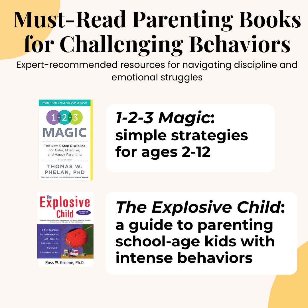 An infographic featuring two expert-recommended parenting books for managing challenging behaviors in children. The books include 1-2-3 Magic by Thomas W. Phelan, PhD, which offers simple discipline strategies for ages 2-12, and The Explosive Child by Ross W. Greene, PhD, which provides guidance for parenting school-age children with intense behaviors.