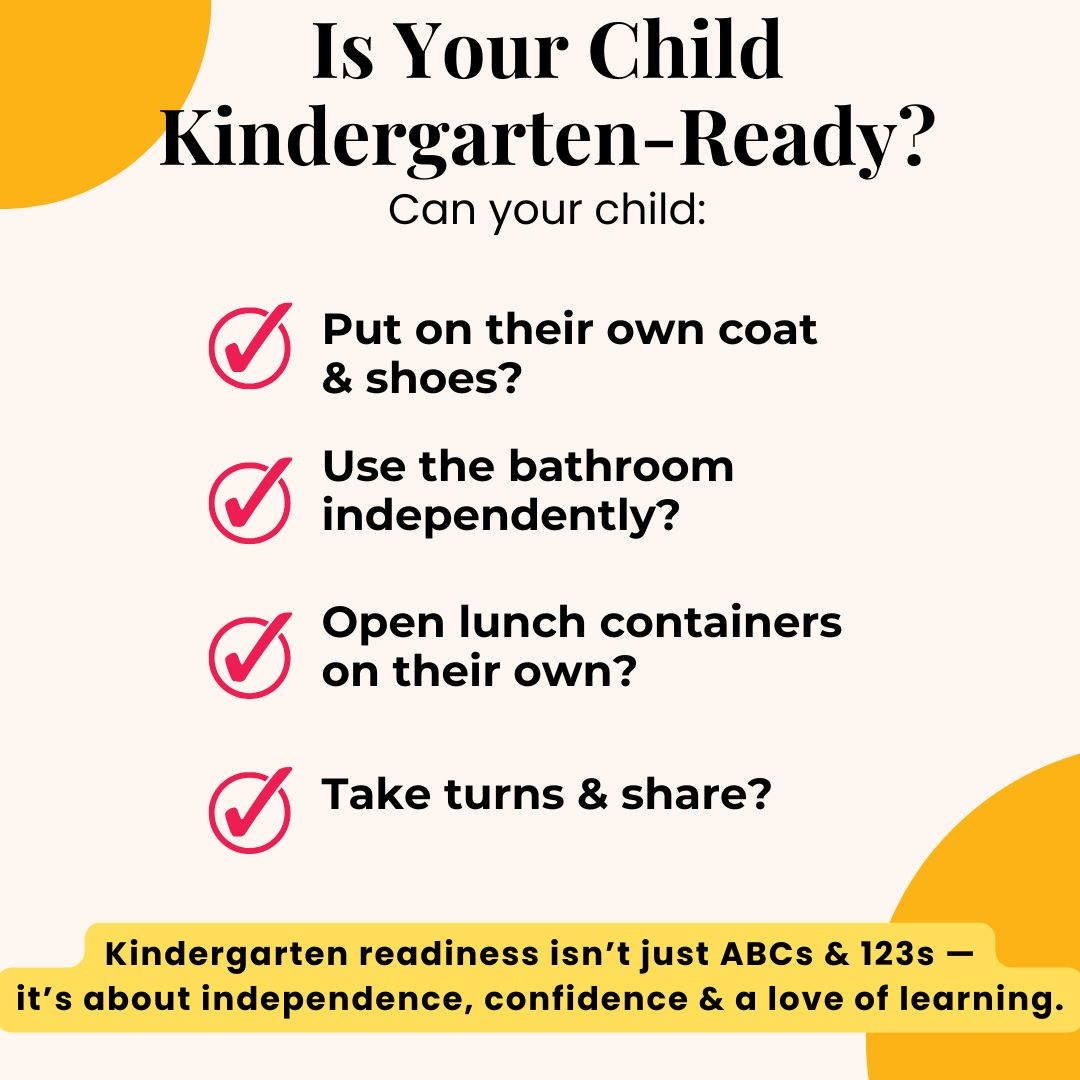 Checklist of kindergarten readiness skills for parents considering elementary schools in Romulus, including self-care, independence, and social skills.