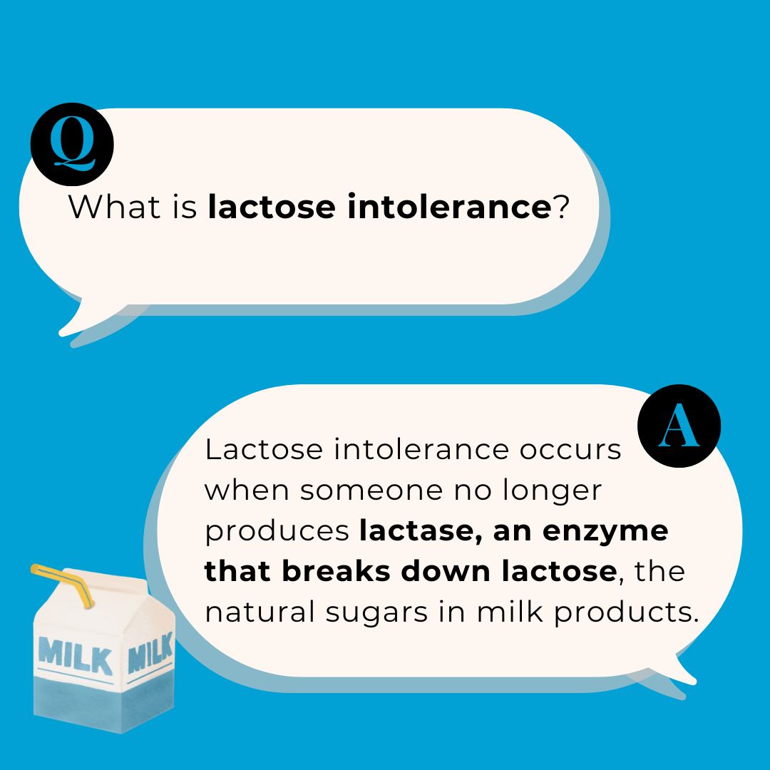Illustration explaining lactose intolerance in kids, featuring a question and answer about lactase and how it breaks down lactose, with a milk carton graphic and speech bubbles on a blue background.