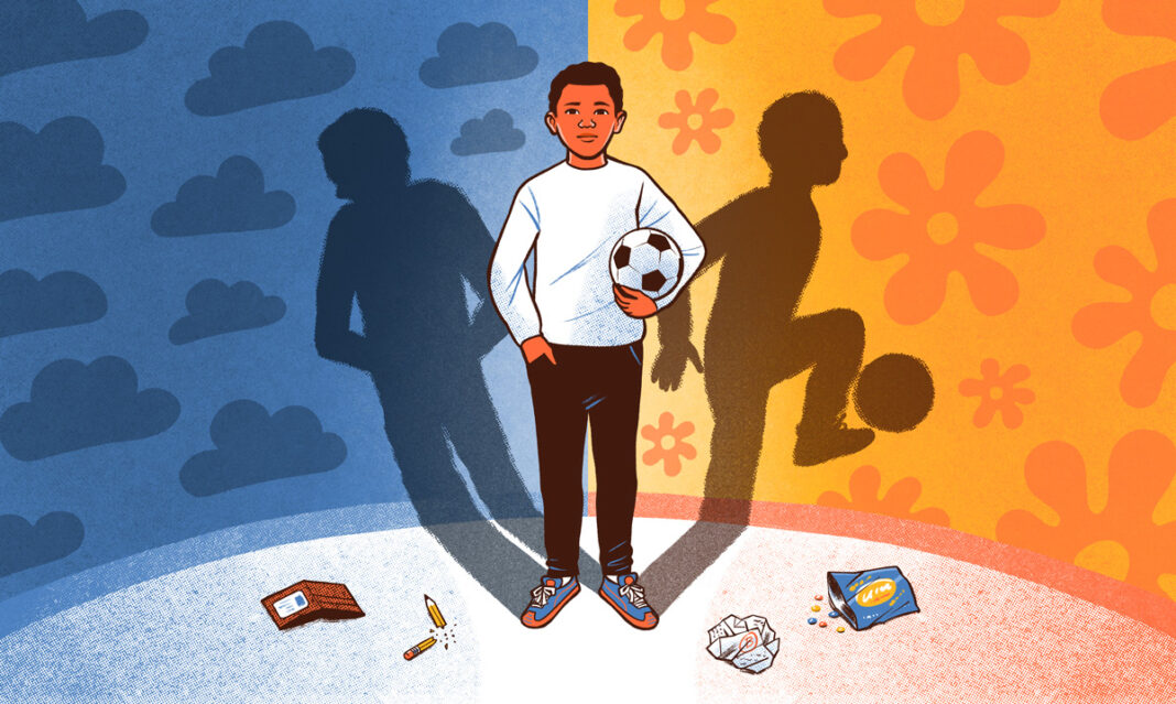 Illustration of a young boy holding a soccer ball, standing between two contrasting shadows—one depicting negative behavior with a wallet and broken pencil, and the other showing positive play with a soccer ball—symbolizing the duality often seen in youth with conduct disorder.