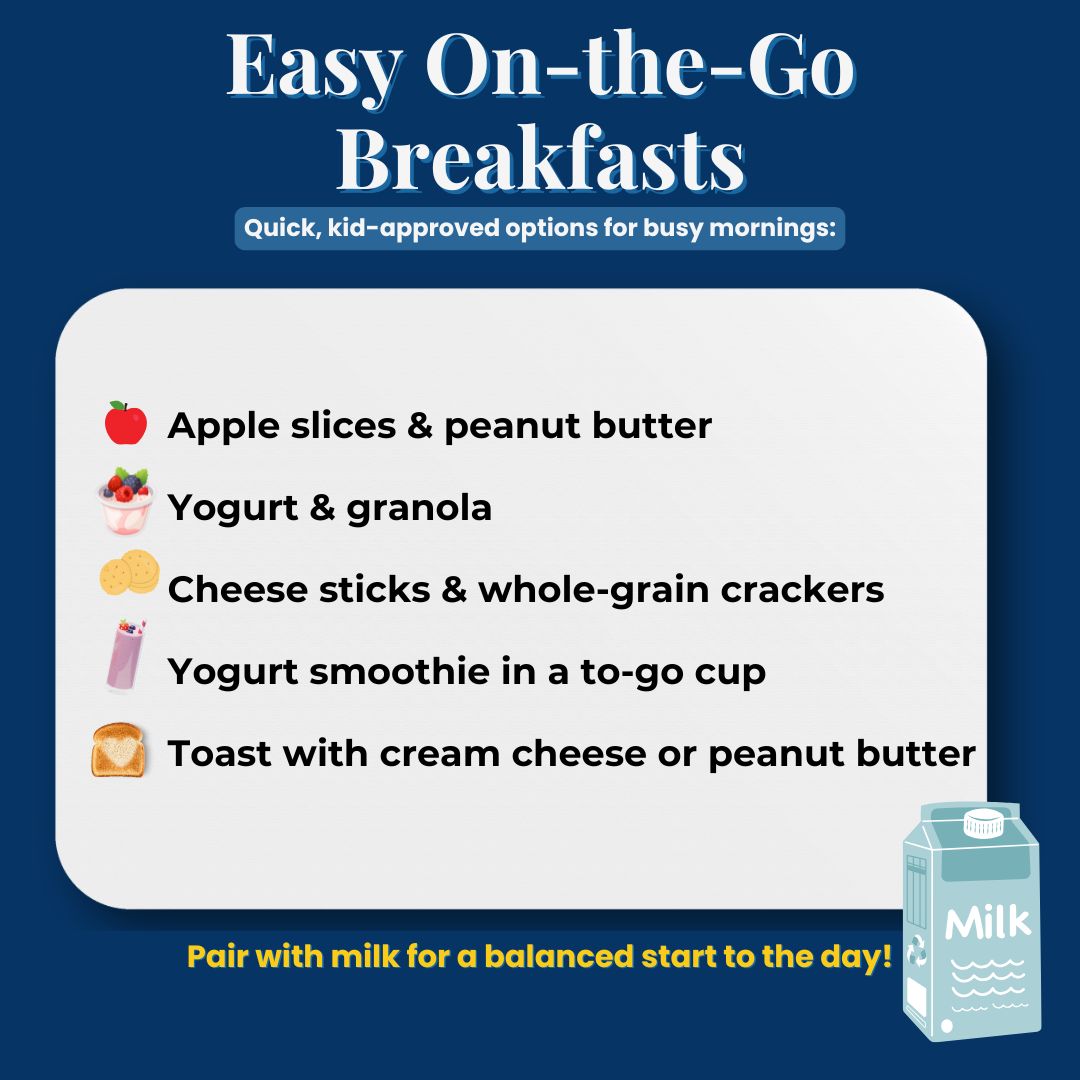 Easy on-the-go breakfasts to help prevent a hangry kid. Quick, kid-approved options like apple slices with peanut butter, yogurt, and whole-grain crackers.