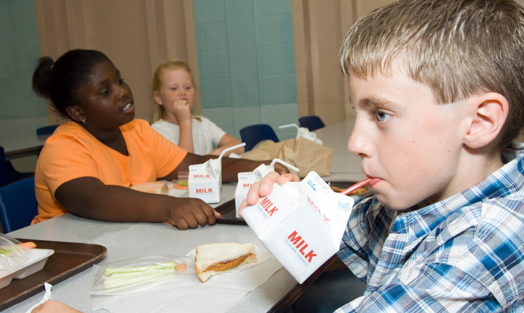 Children eating school lunch with milk cartons, highlighting the importance of breakfast in preventing hangry moods and supporting focus in school.