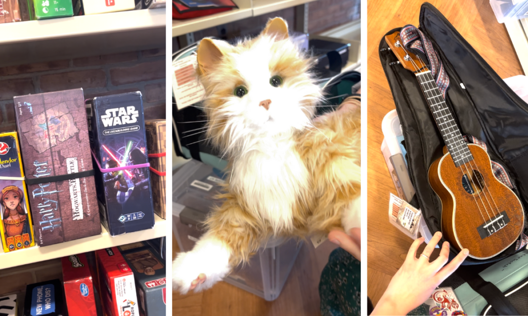 A collage of three items available at the Royal Oak Public Library's Library of Things: a selection of board games including 