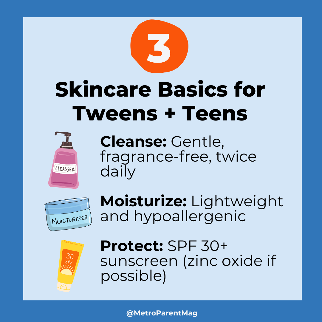 Infographic on the best skincare for teens and tweens, highlighting three essential steps: cleansing with a gentle, fragrance-free cleanser, moisturizing with a lightweight and hypoallergenic formula, and protecting skin with SPF 30+ sunscreen, preferably with zinc oxide.