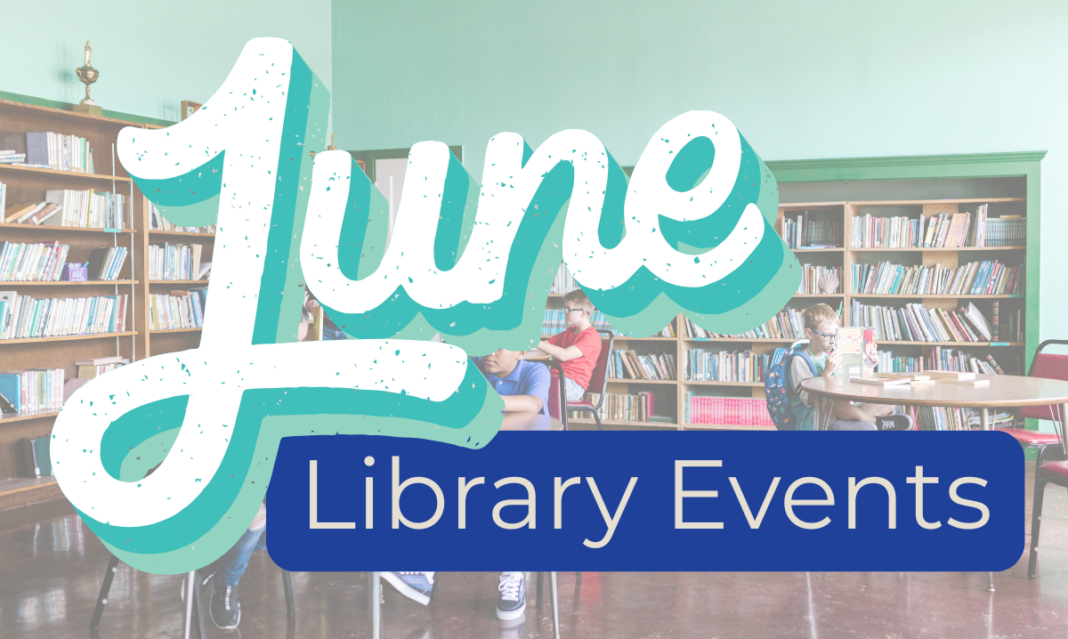 Graphic for Metro Detroit May library events for kids, featuring a library background and bold retro text reading 'May Library Events.