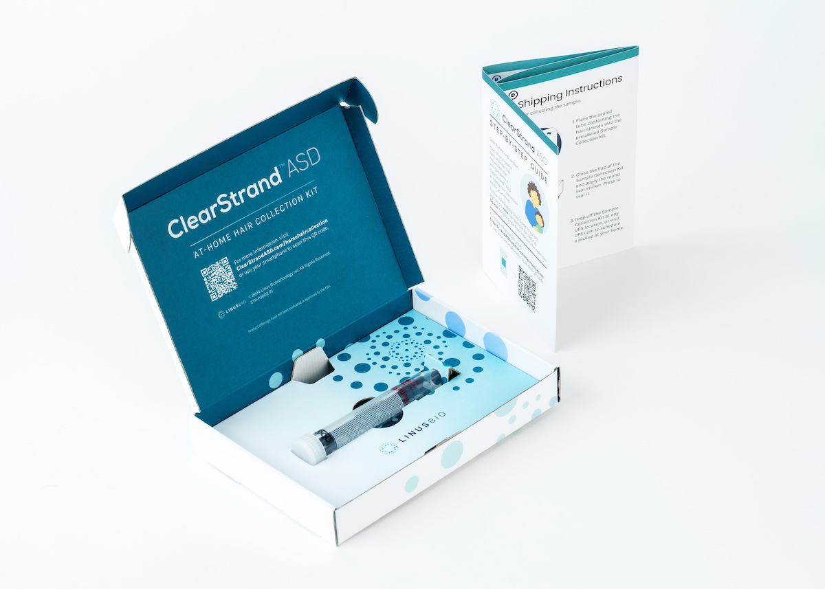LinusBio ClearStrand ASD at-home hair collection kit for autism spectrum disorder analysis, shown open with sample tube and instruction guide.