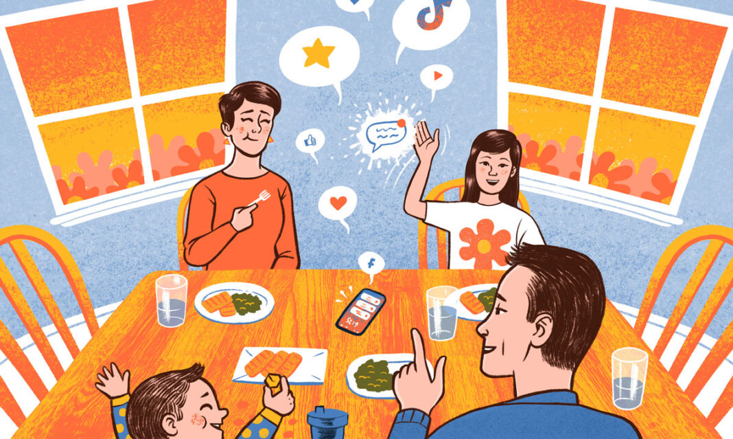 Illustration of a family at dinner surrounded by floating social media icons, highlighting the challenge of reducing social media usage during family time.