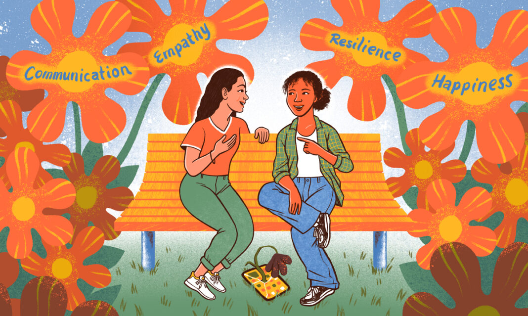 Illustration of two kids talking on a park bench surrounded by flowers labeled communication, empathy, resilience, and happiness — key skills for helping kids make friends.