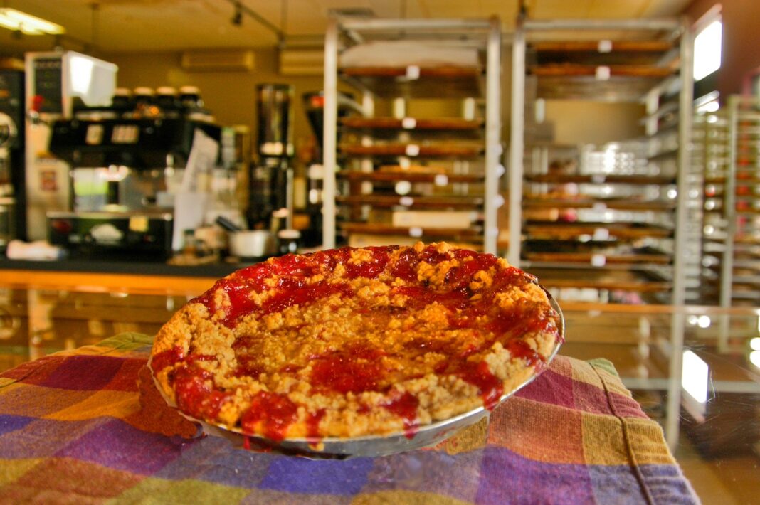Fresh cherry crumb pie on display at Grand Traverse Pie Company, one of the top family restaurants in Traverse City.