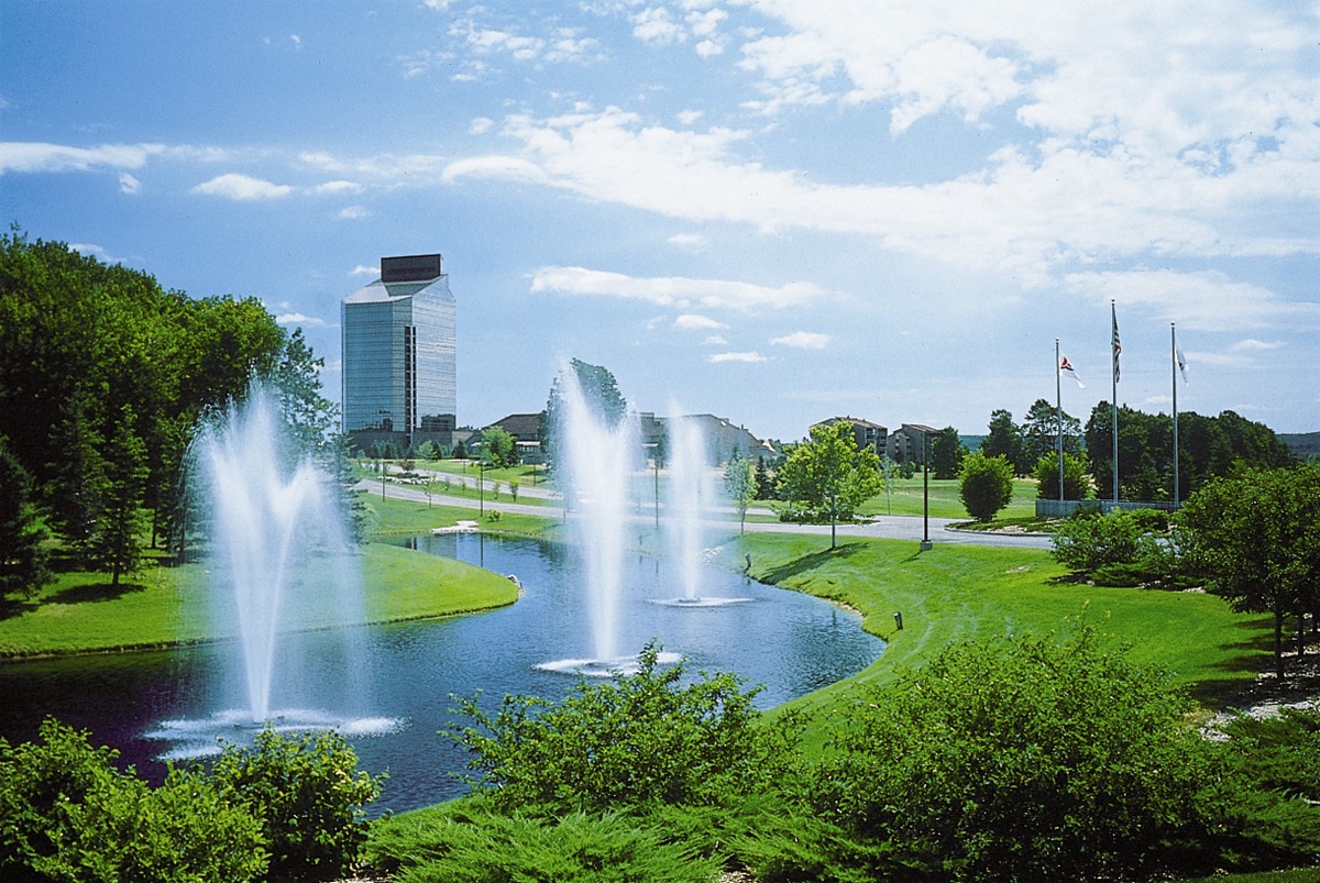 Scenic view of the fountains and grounds at Grand Traverse Resort in Traverse City — a family-friendly destination offering golf, pools, and outdoor activities for all ages.