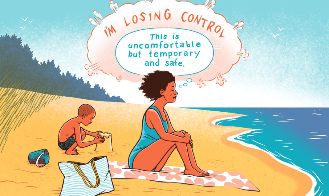 Illustration of a woman experiencing panic attack symptoms on a beach, using grounding thoughts like “This is uncomfortable but temporary and safe” to manage anxiety while her child plays nearby.