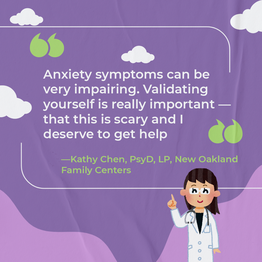 Illustration featuring a quote by Dr. Kathy Chen about validating panic attack symptoms, emphasizing the importance of recognizing anxiety as scary and deserving of help.
