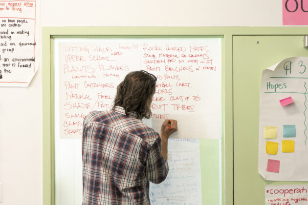 Jeff Klein writing student ideas on a whiteboard during a brainstorming session for the student-designed park at Detroit Achievement Academy