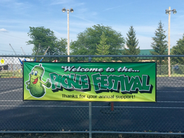 Welcome banner for the St. Joe Pickle Festival, a quirky and fun highlight of summer festivals in Fort Wayne, Indiana