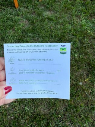 Bronco Wild Fund Days activity card encouraging responsible outdoor engagement through questions about access, preservation, and stewardship, printed on 100% recycled paper.