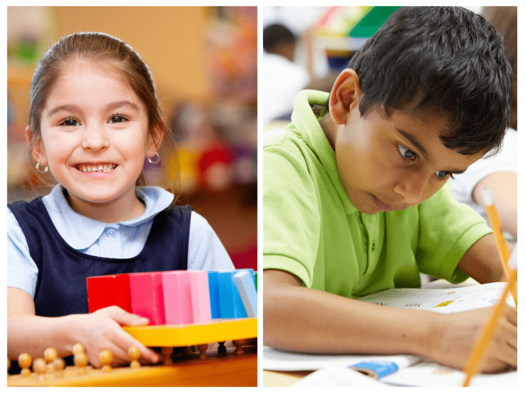 Two young students at a Michigan charter school—one smiling while engaging with colorful learning tools, and the other focused on writing in class—highlighting active, student-centered learning environments.