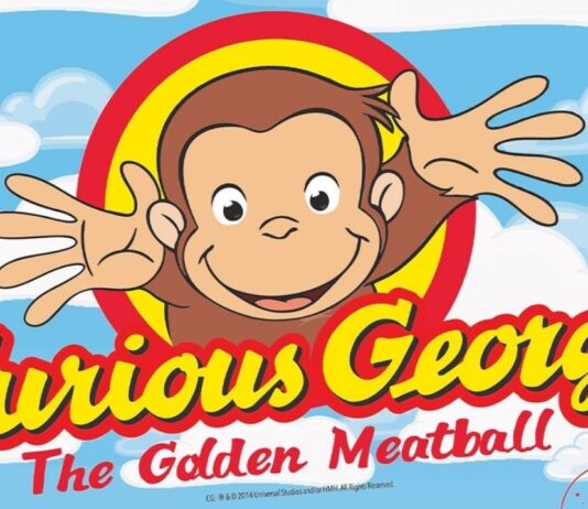 Curious George: The Golden Meatball Curious George: The Golden Meatball musical at Whiting Auditorium, featuring Curious George reaching out with clouds in the background and the date March 7.