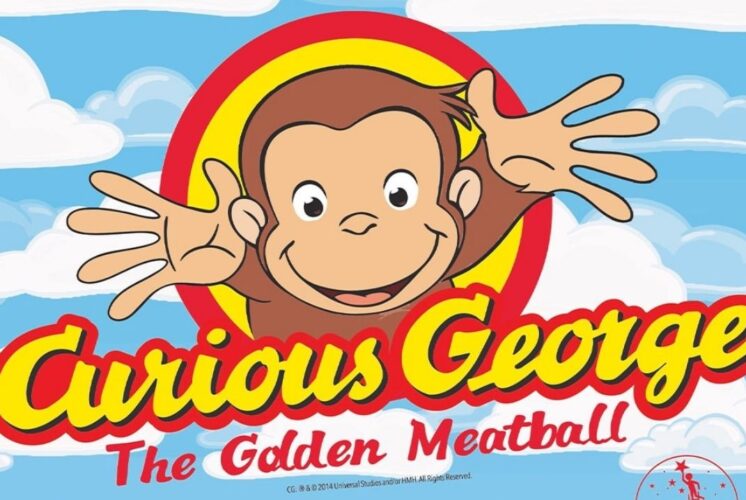 Curious George: The Golden Meatball musical at Whiting Auditorium, featuring Curious George reaching out with clouds in the background and the date March 7.