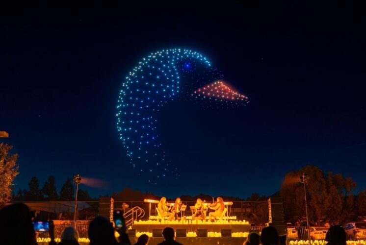 A drone light show forms a glowing bird in the night sky above a live string quartet performance in Detroit.