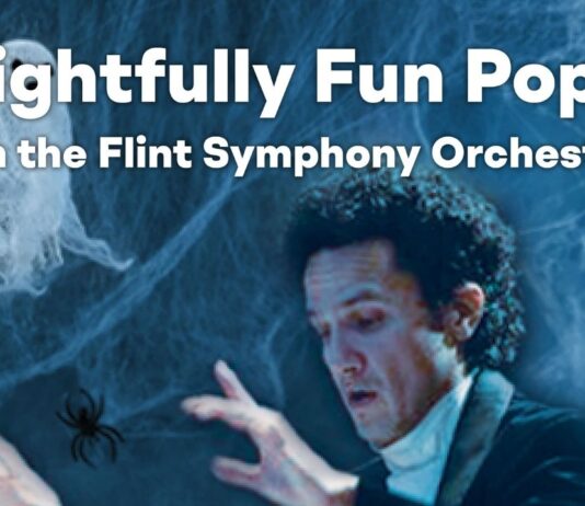 Frightfully Fun Pops with the Flint Symphony Orchestra A conductor leads the Flint Symphony Orchestra in a Halloween-themed concert, with cobwebs and spiders in the background promoting the Frightfully Fun Pops family event.