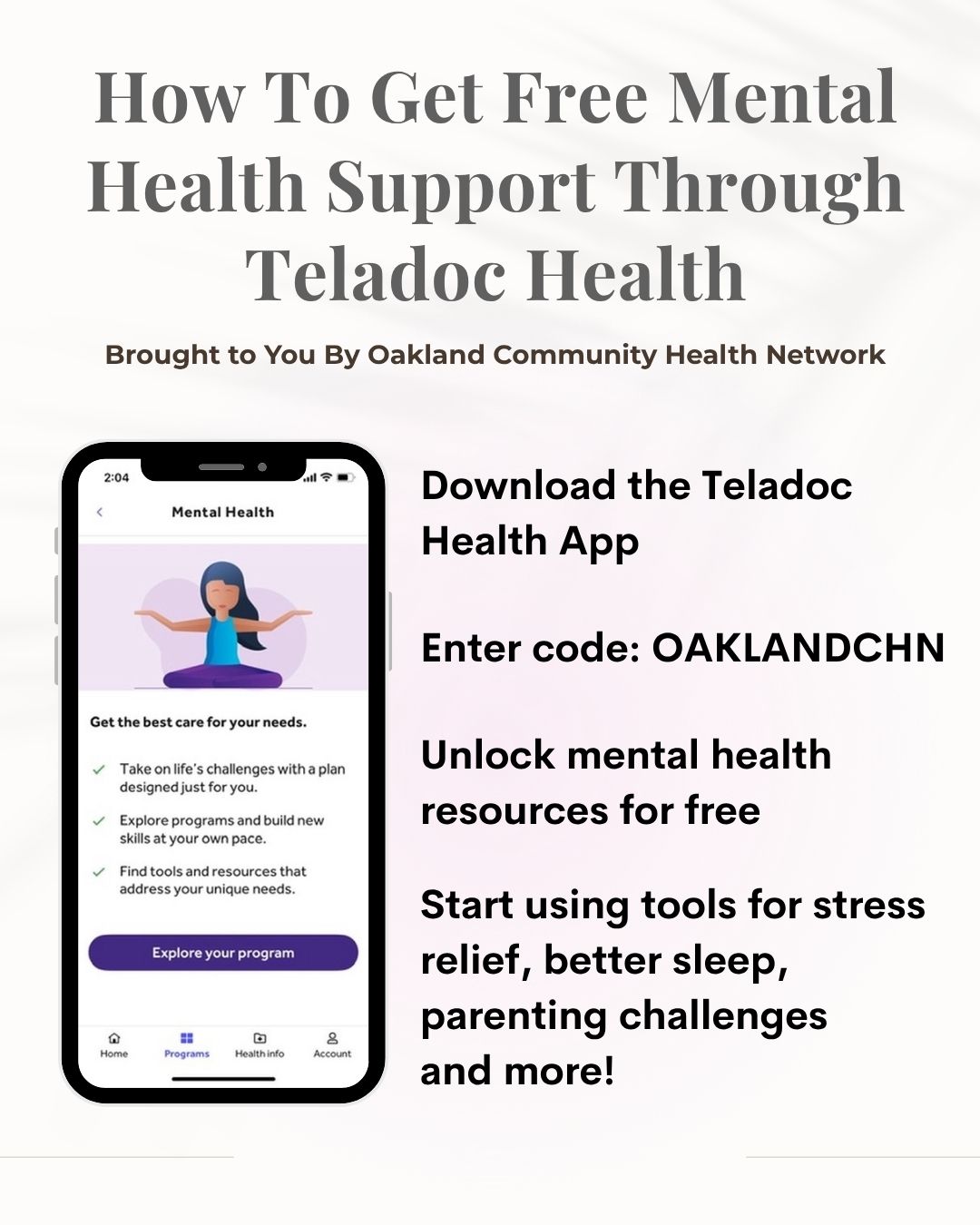 Step-by-step guide showing how parents can access free online mental health support through the Teladoc Health app, provided by Oakland Community Health Network