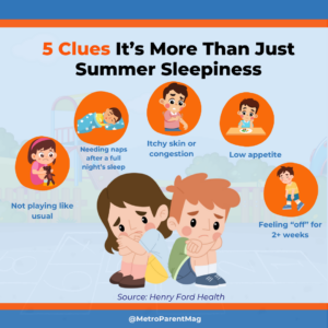 Infographic showing signs of summer fatigue in kids, including low energy, itchy skin, low appetite, and not playing like usual.