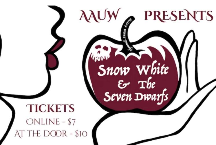 Poster for Snow White and the Seven Dwarfs play at Garden City High School showing performance dates, ticket prices, and event details.
