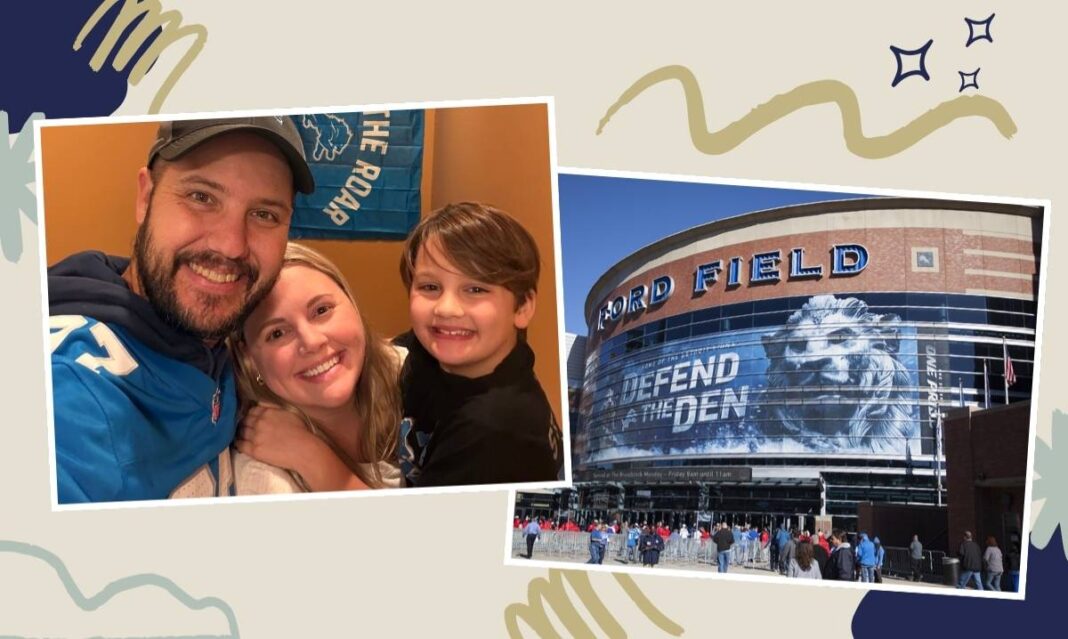 The Isenhoff family smiles in Lions gear beside Ford Field as they celebrate winning Detroit Lions Thanksgiving Day tickets.