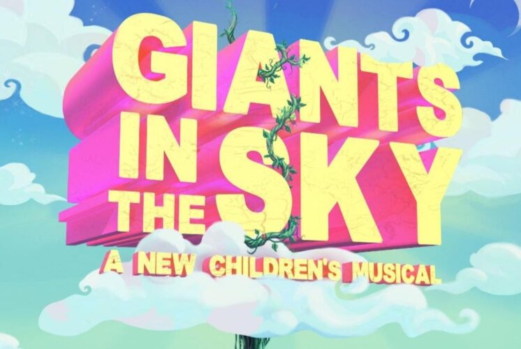 Colorful poster for “Giants in the Sky,” a children’s musical at Trenton Village Theatre with a beanstalk and bright sky backdrop.