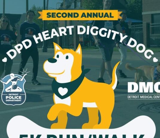 Flyer for the Heart Diggity Dog 5K Run/Walk in Detroit featuring dogs, families, and details for the family-friendly community race.