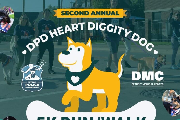 Flyer for the Heart Diggity Dog 5K Run/Walk in Detroit featuring dogs, families, and details for the family-friendly community race.