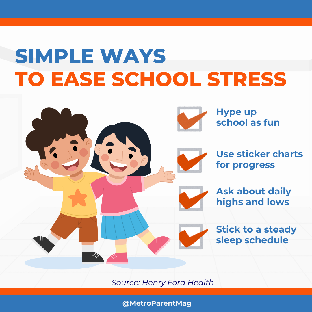Infographic shows simple ways to ease school stress for kids including fun activities sticker charts daily check-ins and steady sleep.