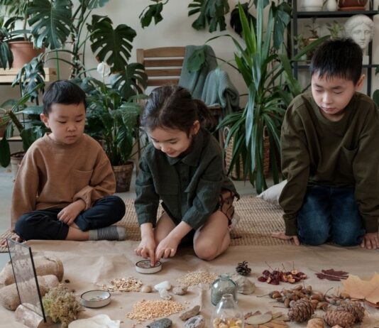 Three children explore natural objects like leaves, pinecones, seeds and stones during a hands-on learning activity indoors.